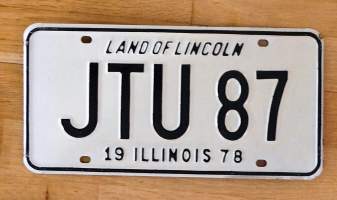 Land of Lincoln JTU 87, 19 Illinois 78- rekisterikilpi 15x30 cm peltiä,käyttämätön