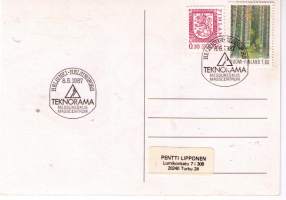 Postikortti: Sarajevo Los Angeles 1984. Käytetty leimapohjana Helsingin  messukeskuksessa  Teknoraama  päiviltä  lähetetyissä    postituksissa  1987