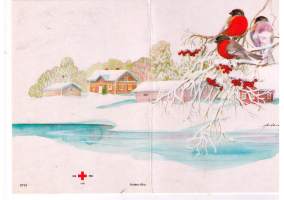 Taitto kortti. Joulukortin Punaiselle  Ristille  piirtänyt Antero Aho. Lähetetty  yritystoivotuksena  12.12.1991