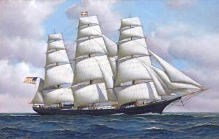 Purjelaiva Flying Cloud, USA, canvastaulu, koko noin 50 cm x 75 cm. Teen näitä vain 50 numeroitua kappaletta. Hieno esim. lahjaksi.