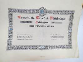 Frenckellska Tryckeri Aktiebolaget, Helsingfors Stamaktie 100 mark, kirjapainon taittamaton painoarkki / koevedos osakekirjalle  -osakekirja / share certificate