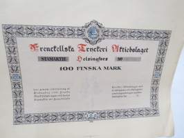 Frenckellska Tryckeri Aktiebolaget, Helsingfors Stamaktie 100 mark, kirjapainon taittamaton painoarkki / koevedos osakekirjalle  -osakekirja / share certificate