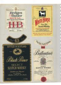 Black&amp;White, J&amp;B, Cromwells, Old Argyll, H&amp;B, White Horse, Black Prince ja Ballantines - viinaetiketti 8 eril