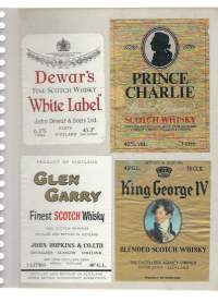 Dewar´s, Prince Charlie, Glen Garry, King George IV, Mackenzie, Johnny Walker, Mackinlay ja Stewarts - viinaetiketti 8 eril