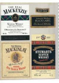 Dewar´s, Prince Charlie, Glen Garry, King George IV, Mackenzie, Johnny Walker, Mackinlay ja Stewarts - viinaetiketti 8 eril