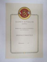AK Suomen Autoklubi esittää parhaan tunnustuksensa ja myöntää ansiolevykkeensä.... -kunniakirja, käyttämätön
