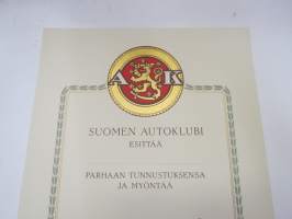 AK Suomen Autoklubi esittää parhaan tunnustuksensa ja myöntää ansiolevykkeensä.... -kunniakirja, käyttämätön