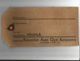 Matkatavaran osoitelappu  Kouvolan Auto Oy:n Korjaamo Kausala