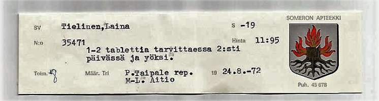 Someron Apteekki   - resepti signatuuri  1972