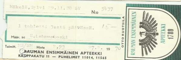 Rauman Ensimmäinen  Apteekki    - resepti signatuuri  1970