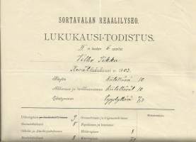 Sortavalan  Reaalilyseo 1904 Lukukausi-Todistus  - todistus