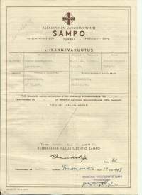 Keskinäinen Vakuutusyhtiö Sampo, Turku - Liikennevakuutus  Vakuutuskirja 1949 / &#039;Studebaker henkilöauto