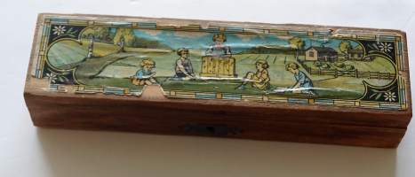 Vanha penali kynäkotelo puuta 24x6x4  cm
