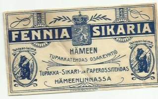 Fennia Sikaria /Hämeen Tupakkatehdas Oy  Tupakka- Sikari ja Paperossitehdas Hämeenlinnassa  sikarietiketti  - tupakkaetiketti