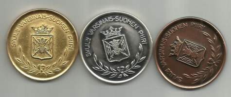 SVUL  Varsinais-Suomen Piiri- mitali 35 mm kulta, hopea ja pronssi yht 3 kpl 1980-luku