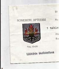 Someron Apteekki Somero 1969  resepti signatuuri reseptipussi