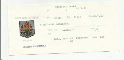 Someron Apteekki Somero 1969  resepti signatuuri reseptipussi