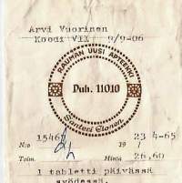 Rauman Uusi Apteekki Rauma 1965  resepti signatuuri reseptipussi