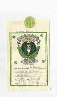 Kaisaniemen Apteekki Helsinki   - resepti signatuuri, reseptipussi 1960