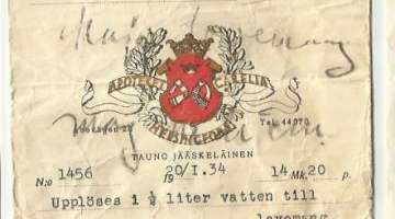 Apotek Careliai Helsinki   - resepti signatuuri, reseptipussi 1934