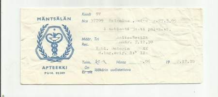 Mäntsälän  Apteekki resepti signatuuri reseptipussi 1970