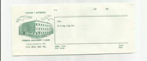 Lohjan I   Apteekki resepti signatuuri reseptipussi Lohja blanko