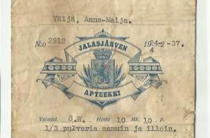 Jalasjärven Apteekki  resepti signatuuri reseptipussi 1937