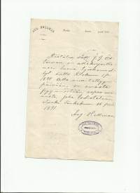 Räätälin sälli J G Österman / Käsinkirjoitettu työtodistus / kirje Turku 1891   räätäli Aug Hellman