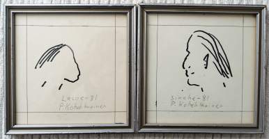Tuntematon taiteilija, 2 kehystettyä tussipiirustusta, sign P.Kolehmainen ? 1981,   18x18 cm