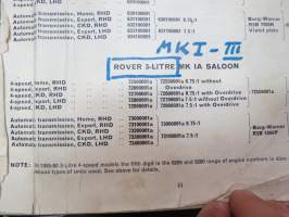 BMC Rover 3-litre MK I - III Saloon, Mechanical Service Parts List- Varaosaluettelo, Katso tarkemmat mallit ja sisällysluettelo kuvista