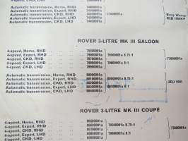 BMC Rover 3-litre MK I - III Saloon, Mechanical Service Parts List- Varaosaluettelo, Katso tarkemmat mallit ja sisällysluettelo kuvista