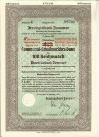 Provinzialbank Pommern Schuldverschreibung 100 RM 1939