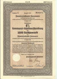 Provinzialbank Pommern Schuldverschreibung 1000 RM 1925/1940