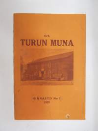 Kanaloille rehuja, ruokintavälineitä, hoitovälineitä, hautomakoneita, keinoemoja - Oy Turun Muna - Hinnasto nr 11 1929 kananrehujen ja  ja kanatalouden