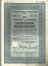 Mitteldeutsche Stahlwerke AG  Teilschuldverschreibung 1000 RM  Riesa 1941
