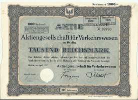Verkehrswesen Eisenbahn  Aktie 1000 Reichsmark 1927 Berlin - osakekirja  raitiotie