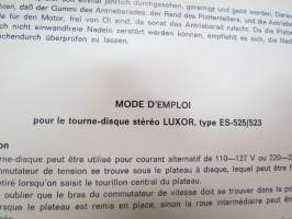 Luxor ES-525 / 523 Stereoskivspelare bruksanvisning - instructions in english, german, french &amp; spanish -levysoitin, käyttöohjeet viidellä kielellä - ei suomi