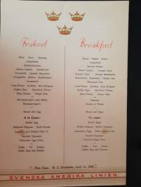 Svenska Amerika Linien, Swedish American Line, Breakfast, First Class, M. S. Gripsholm, April 10, 1948