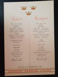 Svenska Amerika Linien, Swedish American Line, Breakfast, First Class, M. S. Gripsholm, April 12, 1948