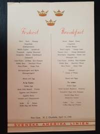 Svenska Amerika Linien, Swedish American Line, Breakfast, First Class, M. S. Gripsholm, April 14, 1948