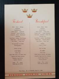 Svenska Amerika Linien, Swedish American Line, Breakfast, First Class, M. S. Gripsholm, April 15, 1948