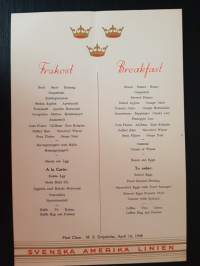 Svenska Amerika Linien, Swedish American Line, Breakfast, First Class, M. S. Gripsholm, April 16, 1948