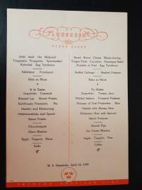 Swedish American Line, Luncheon, First Class, M. S. Gripsholm, April 16, 1948