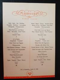 Swedish American Line, Luncheon, First Class, M. S. Gripsholm, April 17, 1948