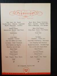Swedish American Line, Luncheon, First Class, M. S. Gripsholm, April 18, 1948