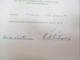 Hankkija-Maatalousosuuskunta Salon seutu - jäsenkirja nro 470 U.Ä. - liittymismaksu 100 mk -membership certificate of agricultural co-op