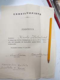 Urheiluopisto Vierumäki - todistus - koululainen Kauko Holmlund... osallistunut yleisurheilukursseihin 1932 -1. Vierumäen opistolla järjestettu kurssi -certificate