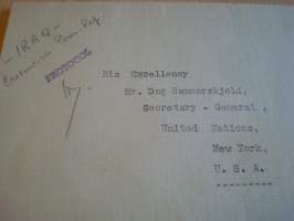 Kuori jonka vastaanottaja on YK:n pääsihteeri Dag Hammarskjöld, United Nations, New York, USA, Iraq Protocol, erittäin harvinainen. Katso myös muut kohteeni.