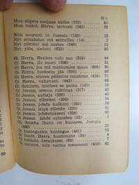 Kenttävirsikirja 1944 -etulehdelle painettu &quot;Tätä suomalaisen sotilaan kenttävirsikirjaa käytti xxx osallistuessaan... taisteluun vv.1941-194