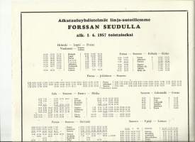 Aikatauluyhdistelmät linja-autoillamme Forssan seudulla 1.6.1957 alk 30x28 cm toimitus taitettuna